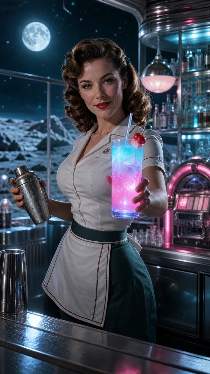 Барменша 50-х подаёт неоновый коктейль в лунном дине-баре