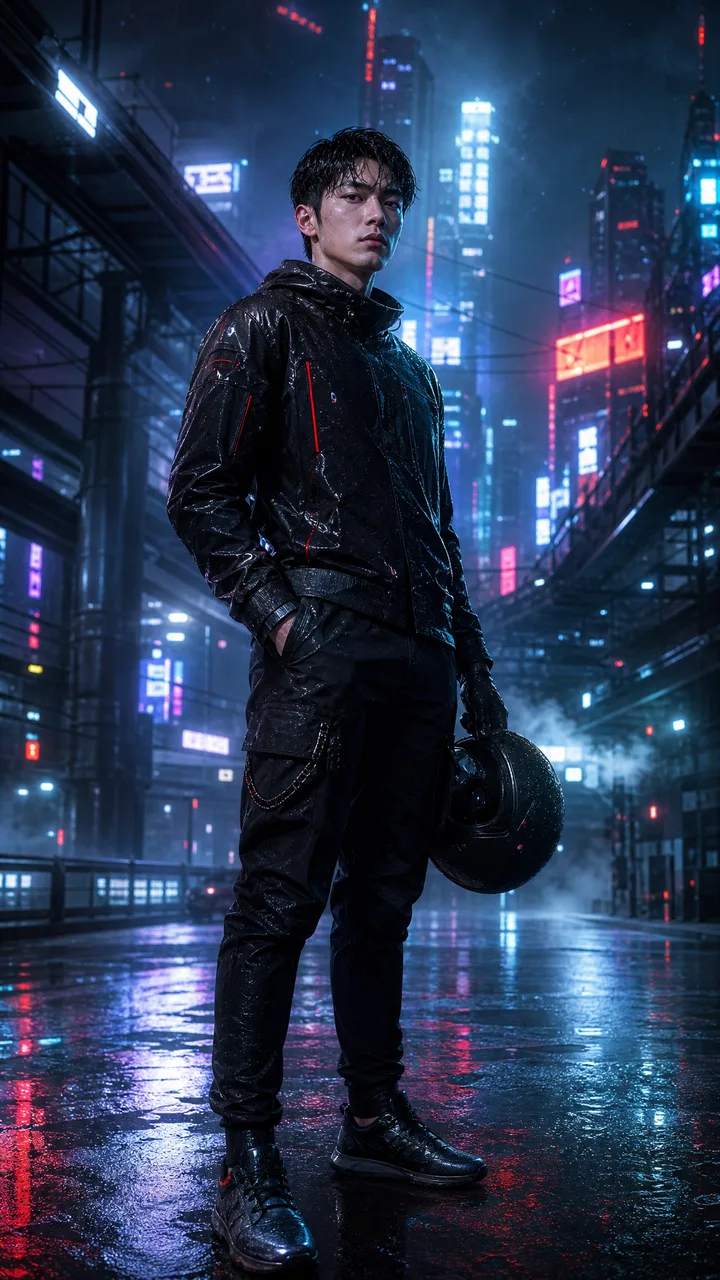 Корейский уличный гонщик стоит один на дождливой неоновой улице Токио 2099