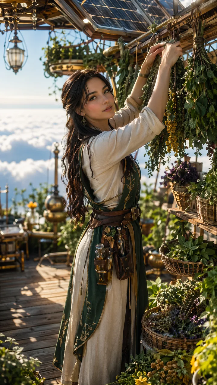 Ведьма сушит травы на палубе парящего острова над облаками