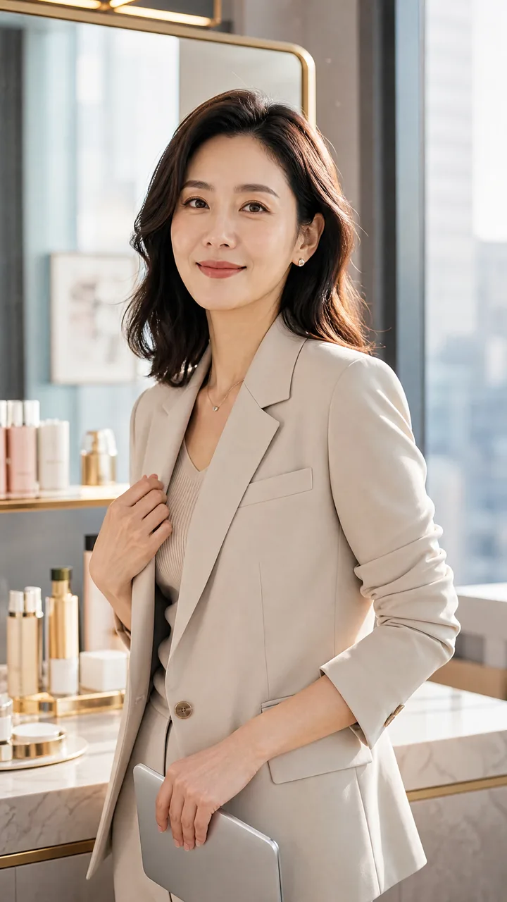 Женщина 39 лет, бренд-менеджер косметики, стоит у зеркала в beauty-студии